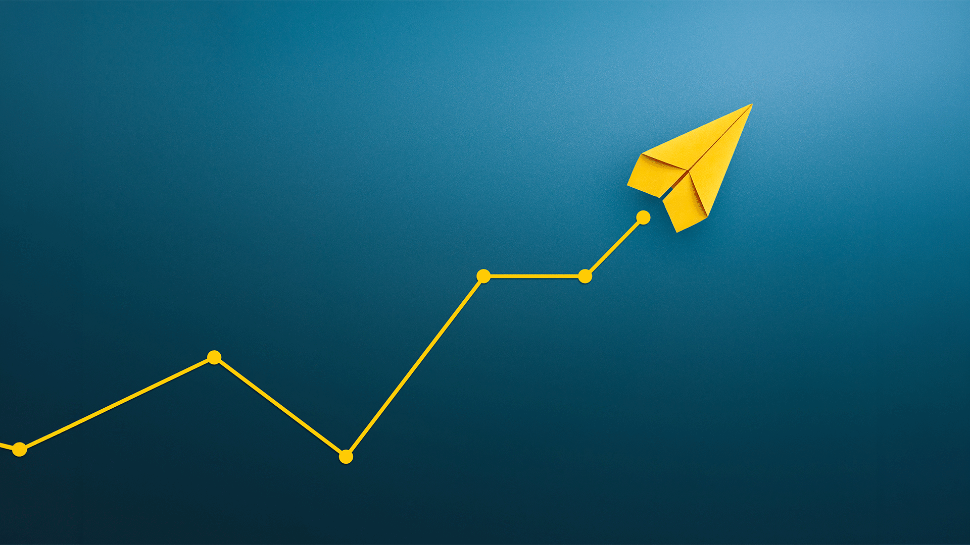 Upward trend line with a paper plane rising, symbolizing growth